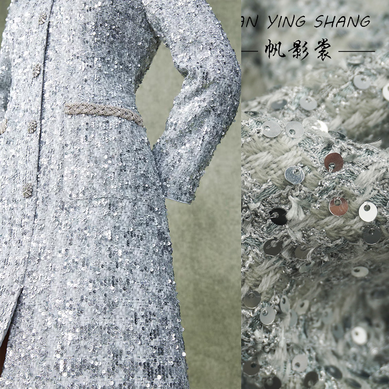 Sewing Tweed Fabric - Gümüş Gri Simli Pul Payetli Tüvit