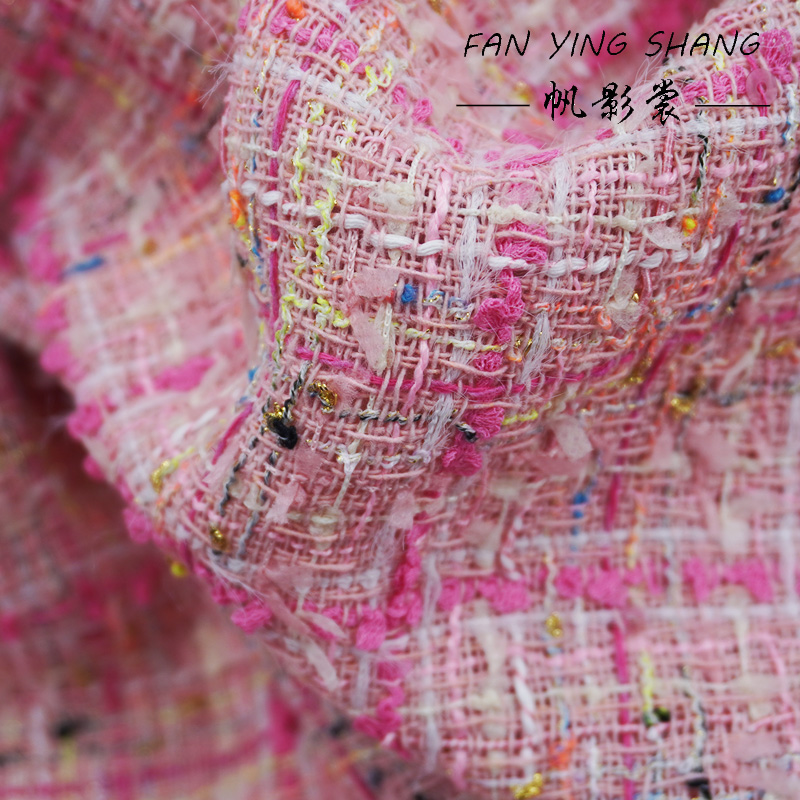 Sewing Tweed Fabric - Pembe Ekose Püsküllü Pamuklu Tüvit Kumaş,