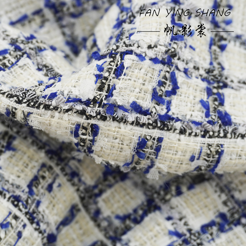 Sewing Tweed Fabric - Mavi Siyah Ekose Kelebek Desenli Gazlı